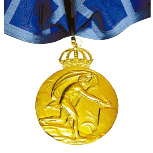 gold medal with blue ribbon