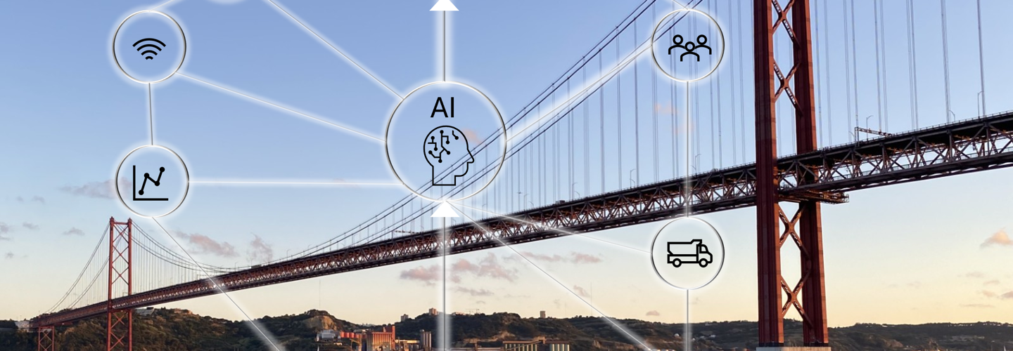  Mängder av ikoner (som uppkoppling, väder, statistik) är sammanlänkade med AI, medan en bro sträcker sig över en sjö i bakgrunden.r