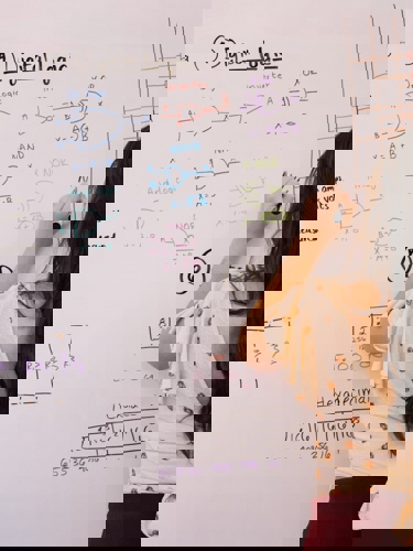 Young person seen from behind writing on a whiteboard