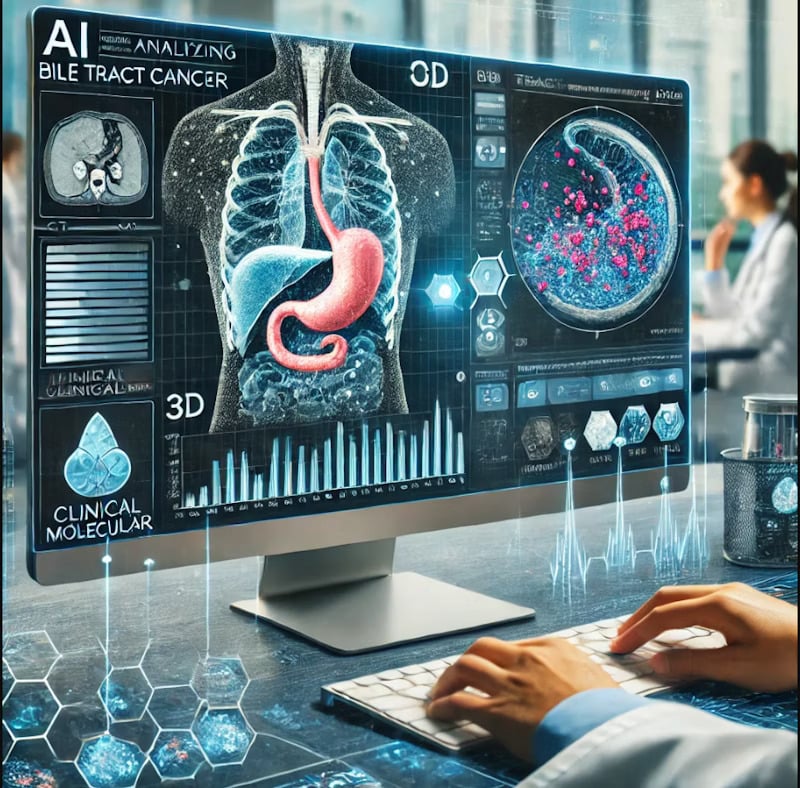 AI-animerad bild. Datorskärm som illustrerar ett AI-drivet system för tidig upptäckt och prognos av gallvägscancer.