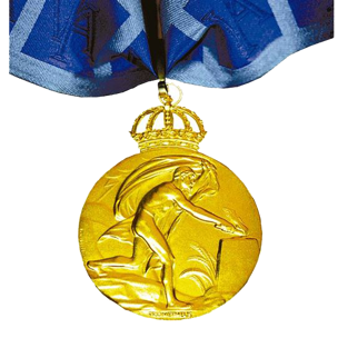 gold medal with blue ribbon